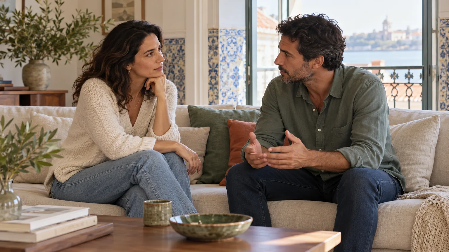 Casal em Portugal a conversar com atenção sobre a sua relação.
