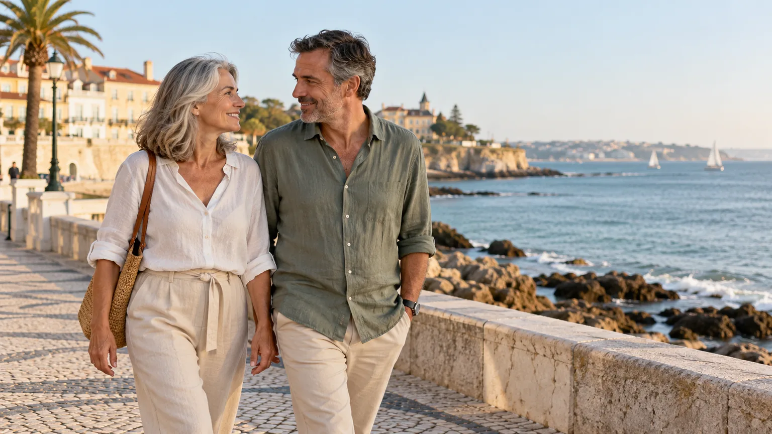 Casal a partilhar um passeio tranquilo junto ao mar em Portugal.