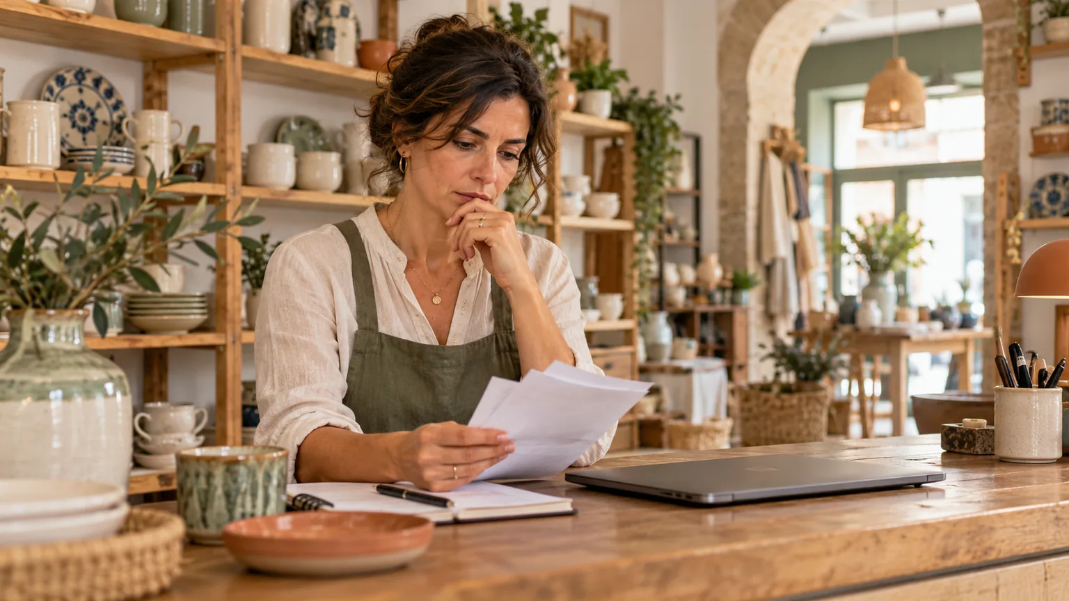 Comerciante a analisar a atividade do seu pequeno negócio em Portugal.