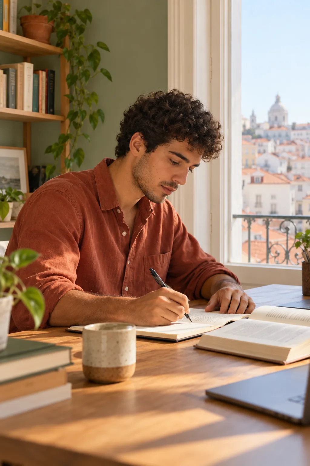 Jovem adulto a estudar com concentração para um exame.