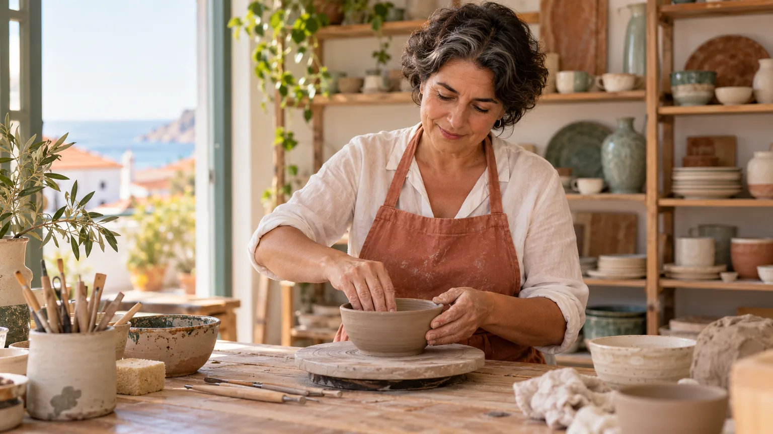 Artesã portuguesa a trabalhar com atenção na sua oficina.